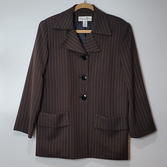 Christian Dior Brown Pinstripe Blazer Jacket Womens Size 12 Classic Tailored Loo - Picture 10 of 16